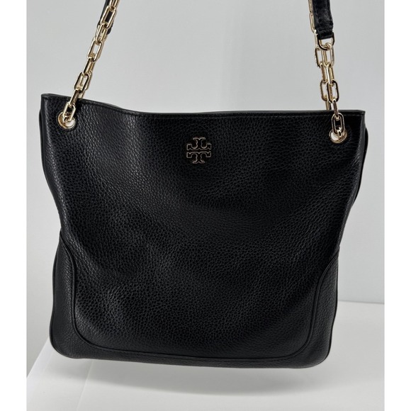 Tory Burch Handbags - Tory Burch Black Pebbled Leather Tote Gold Chain Strap Shoulder Bag Classic Chic